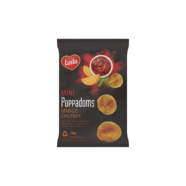 Laila Mini Poppadoms Mango Chutney 75g – Crispy, Tangy, and Delicious Indian Snack.